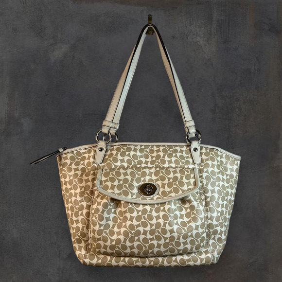 Coach Signature Leah Large‎ Shoulder Tote Bag Khaki White 15135 Handbag Purse - Picture 1 of 11